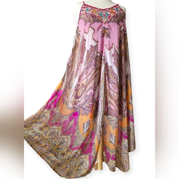 Kas New York Dresses & Skirts - Kas New York Pink Paisley Print Embroidered Chiffon Hanky Hem Maxi Dress Size XL